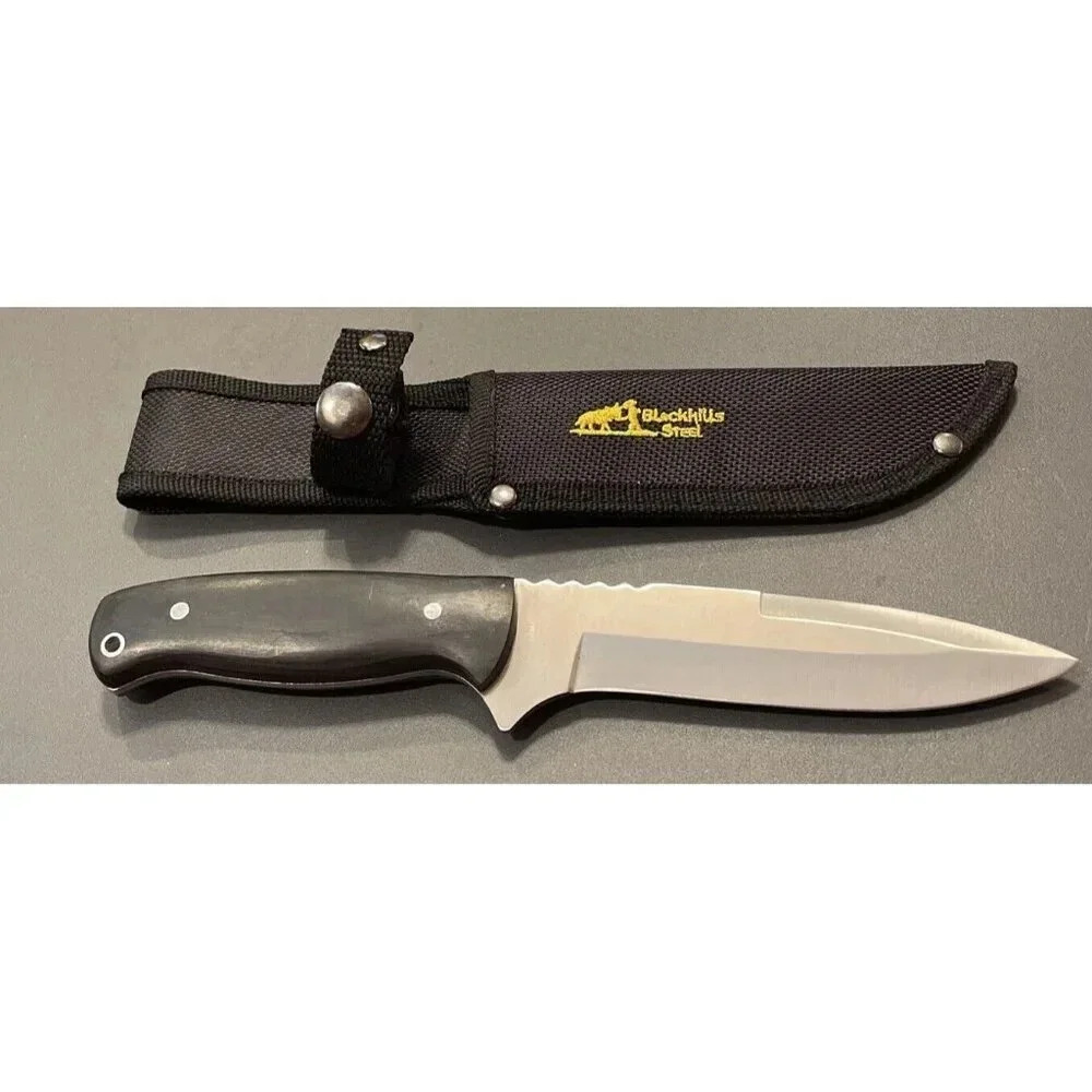 Blackhills Steel Black Wood Handle Hunter Bowie 9.5" Hunting Knife Nylon Sheath